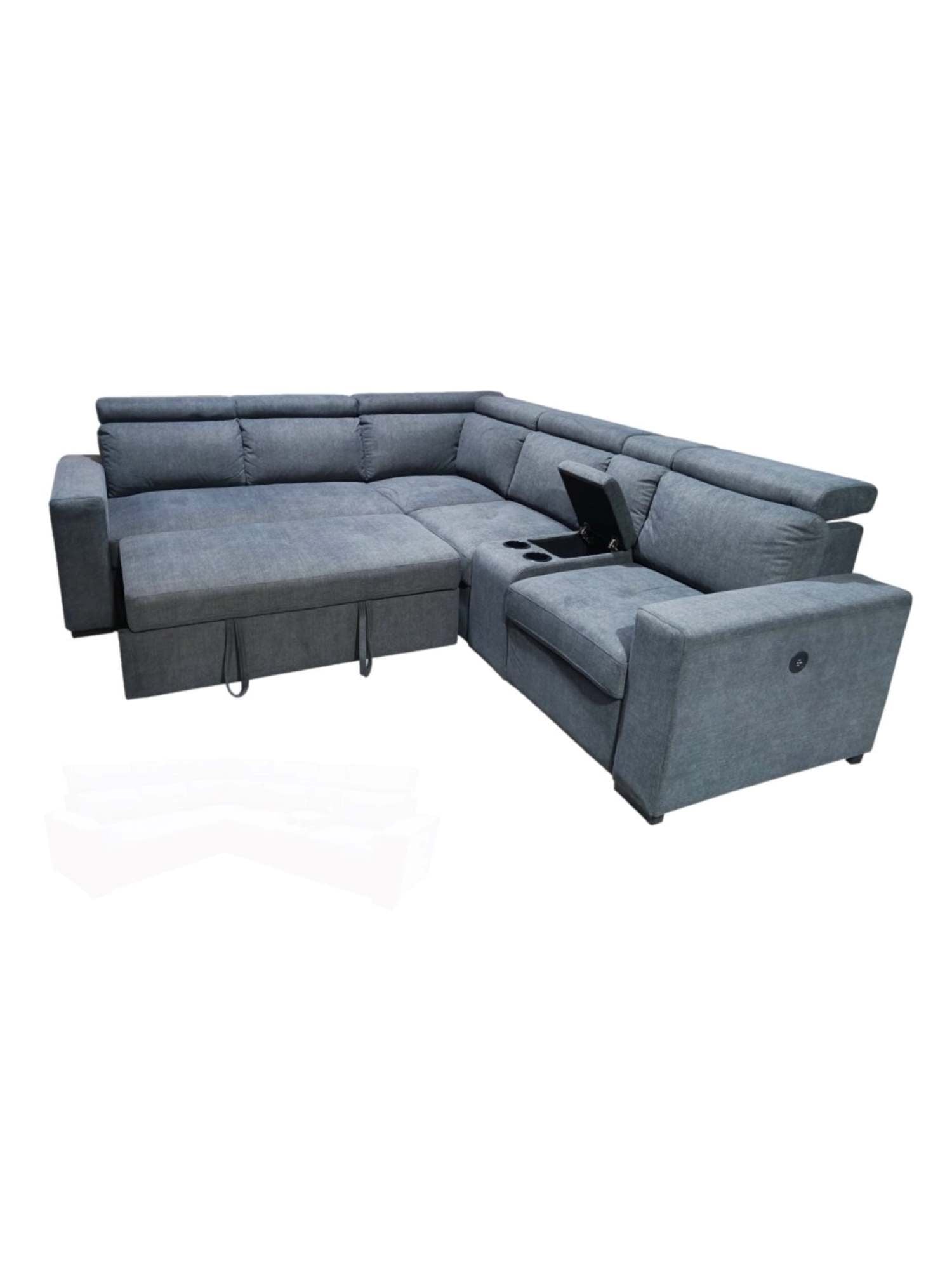 Grey Fabric Upholstered Reversible Sectional Sofa Bed With USB Charging Port 9009