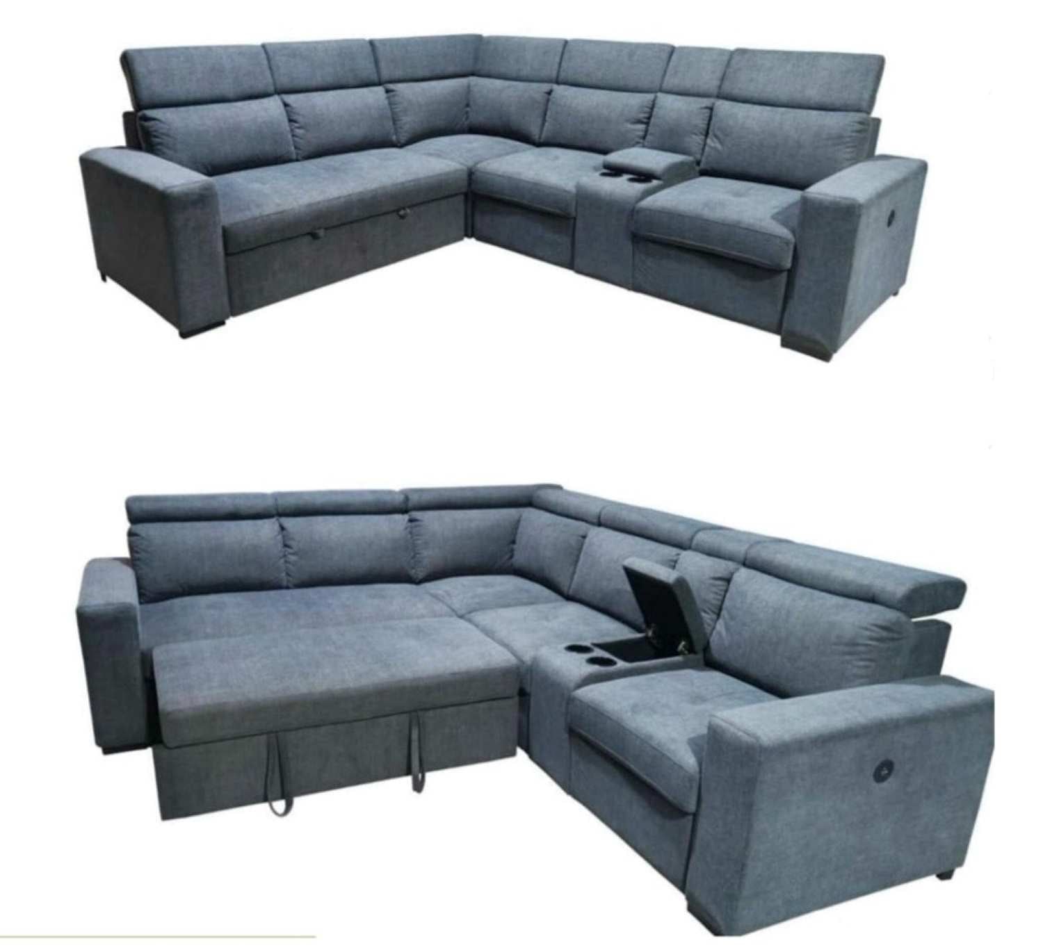 Grey Fabric Upholstered Reversible Sectional Sofa Bed With USB Charging Port 9009