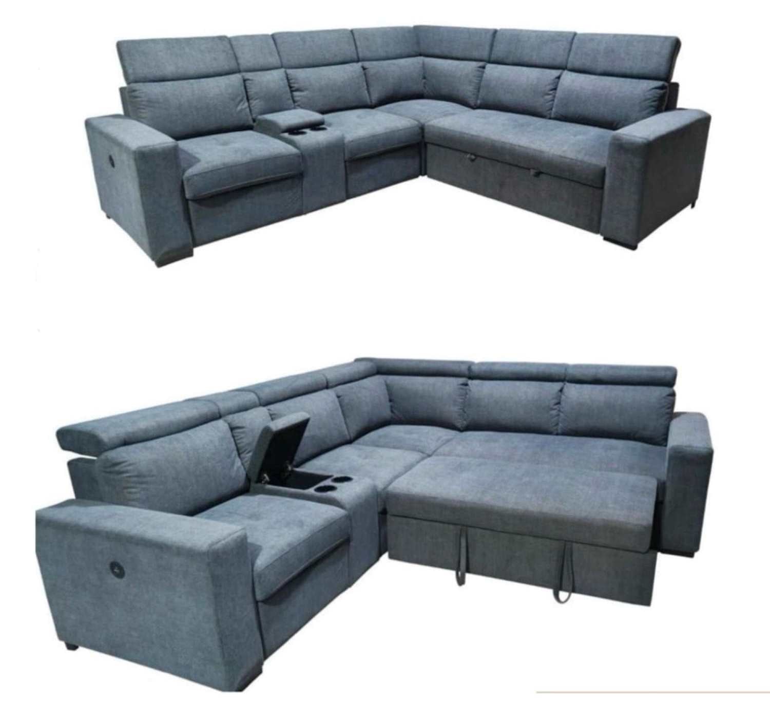 Grey Fabric Upholstered Reversible Sectional Sofa Bed With USB Charging Port 9009