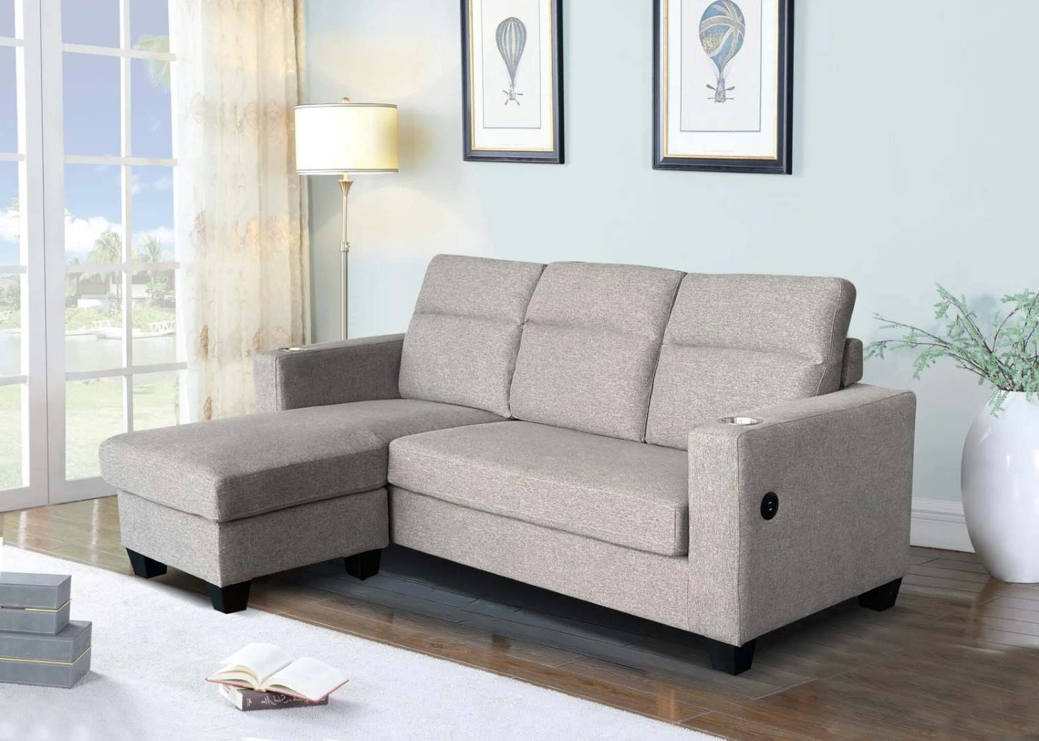 Grey Fabric reversible Sectional Sofa with USB Port and Cup holders 4212