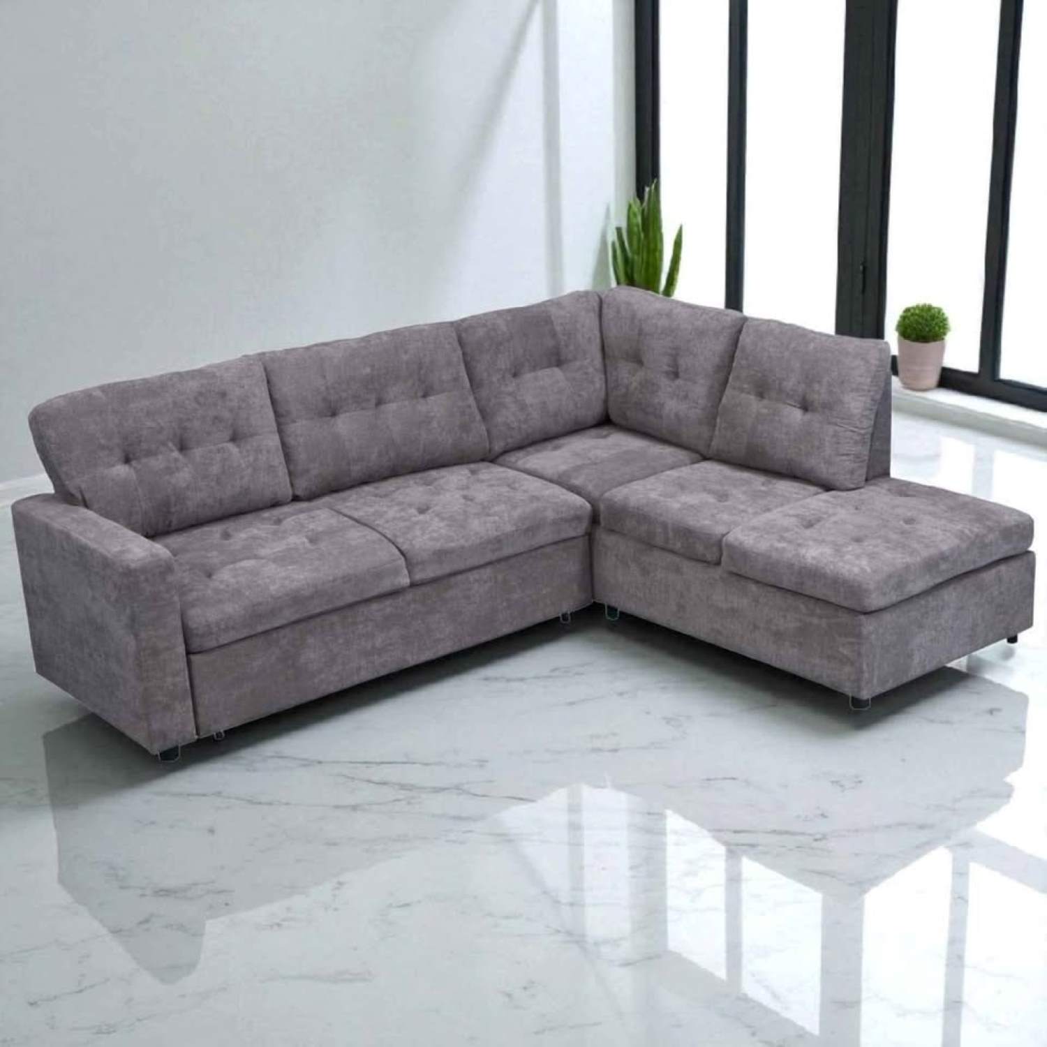 Grey Fabric Sectional Right Chaise Sofa Bed F19