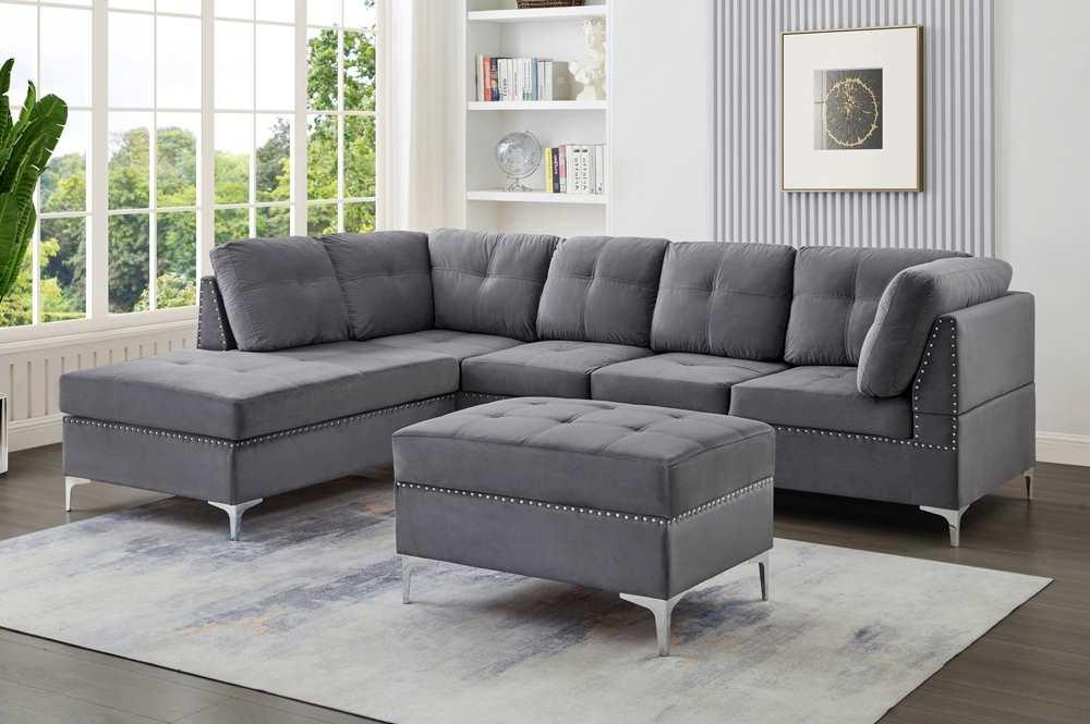 Grey Velvet Reversible Sectional Sofa With Storage Ottoman 1233