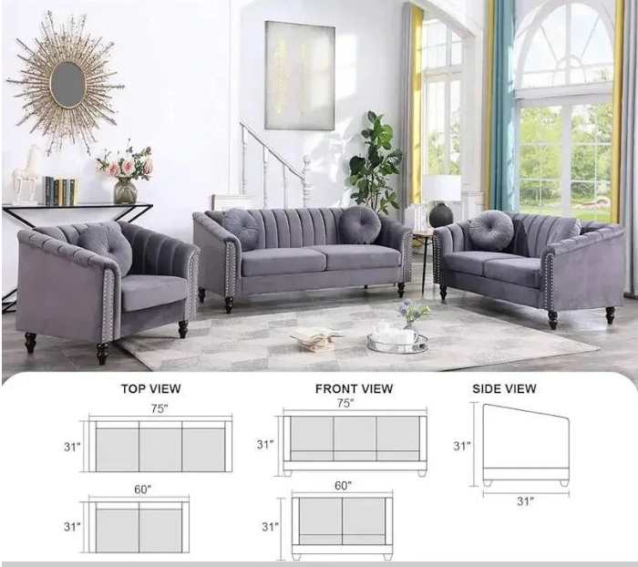 Grey Velvet 3PC Sofa Set with Throw Pillows 1361