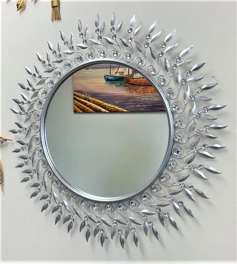Handcrafted Modern Decorated Round Wall Metal Mirror With Crystal Stones