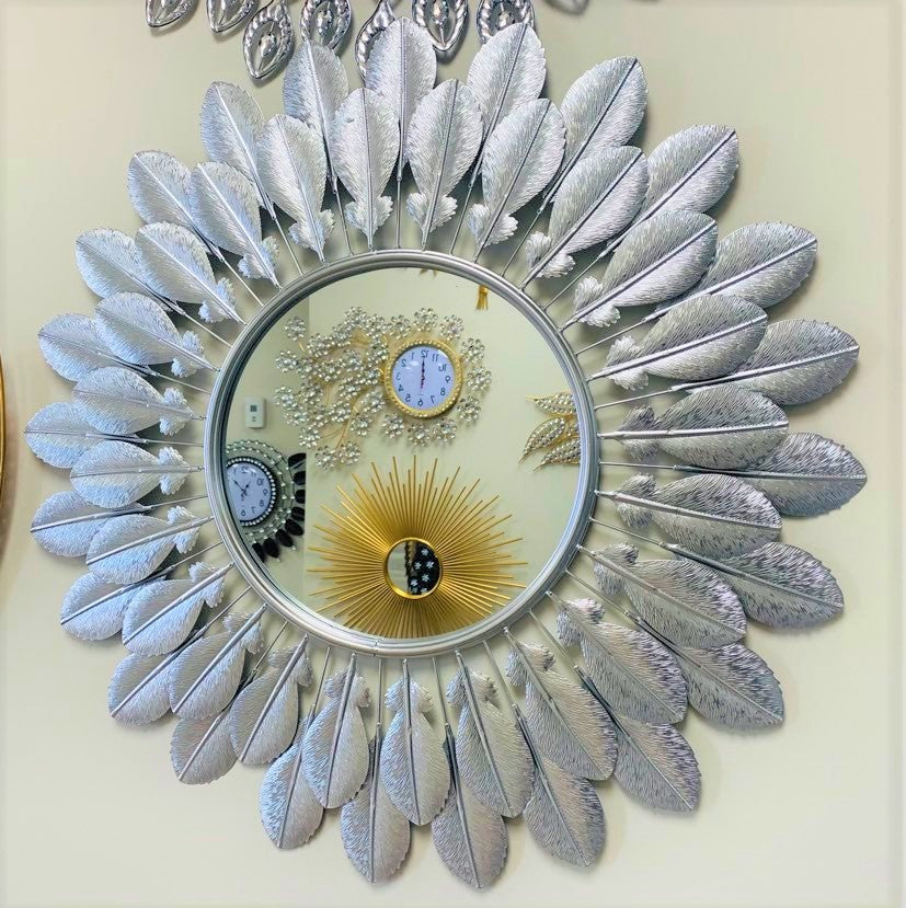 Handcrafted Modern Decorated Round Wall Metal Mirror GOLD & SILVER 32"