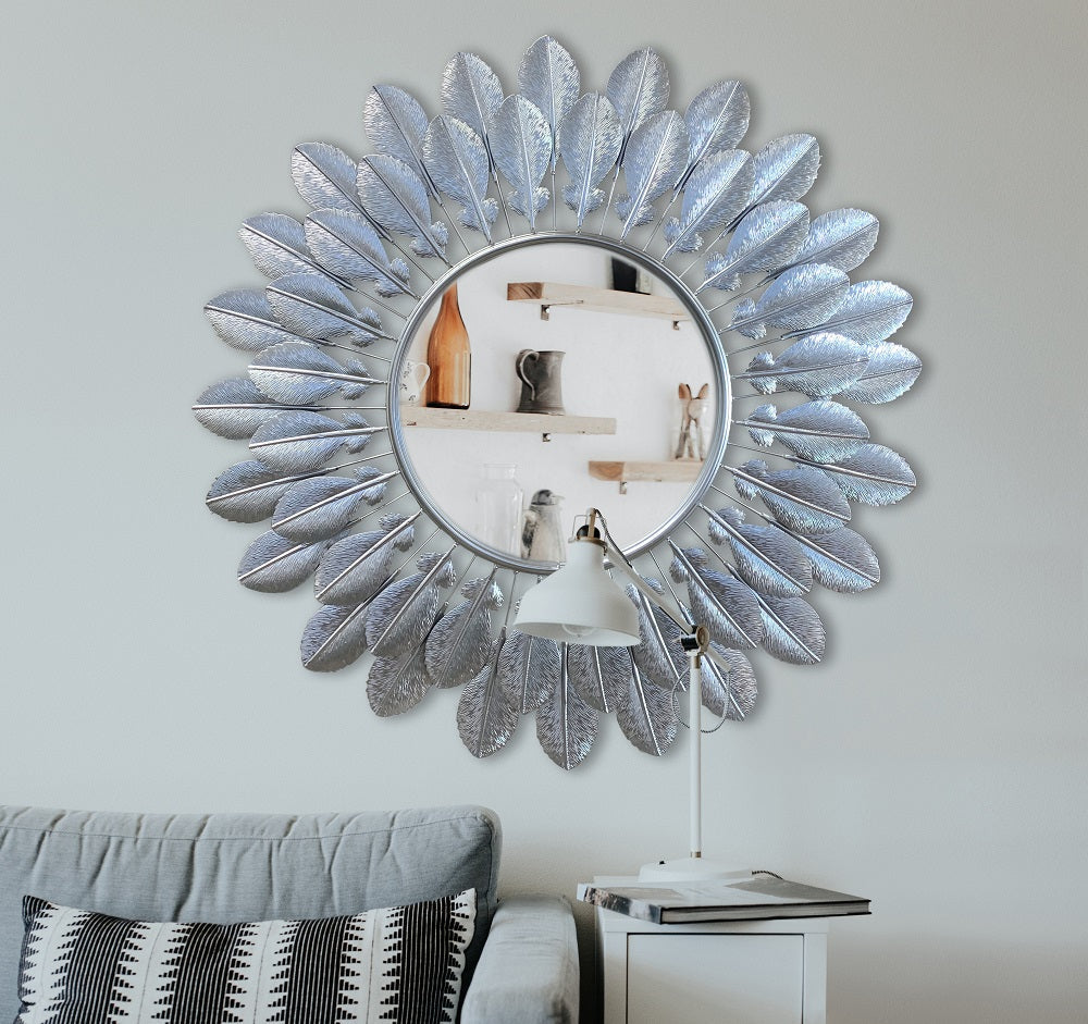 Handcrafted Modern Decorated Round Wall Metal Mirror GOLD & SILVER 32"