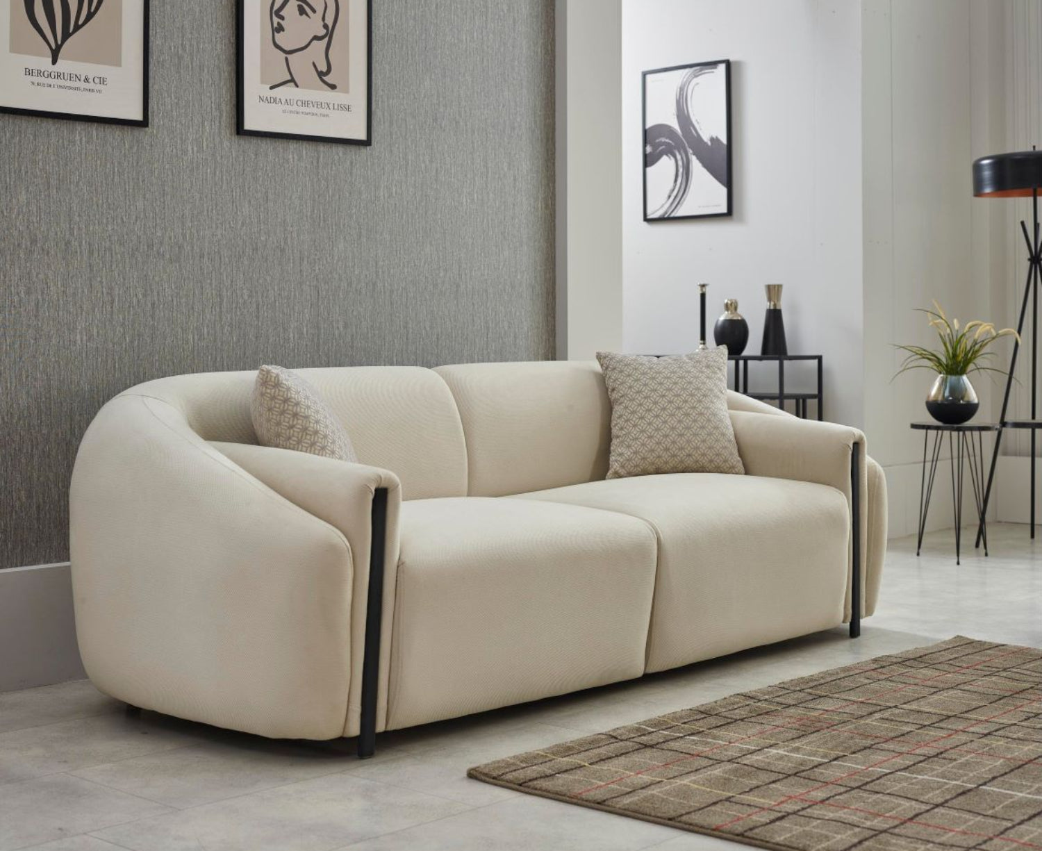 Heaven Soft Textured Fabric Ivory Sofa Set with Black Metal Accents