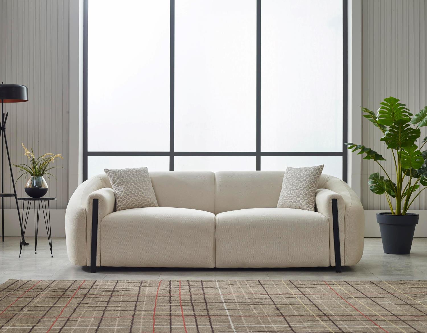 Heaven Soft Textured Fabric Ivory Sofa Set with Black Metal Accents