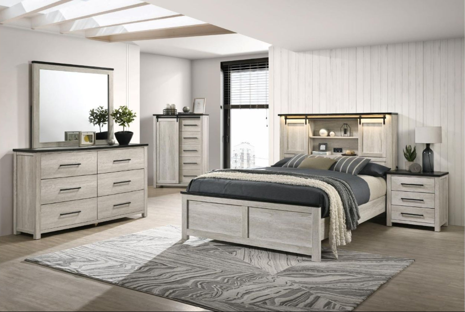 Heritage Wooden Bed with Built-in LED lighting White Wash 1811