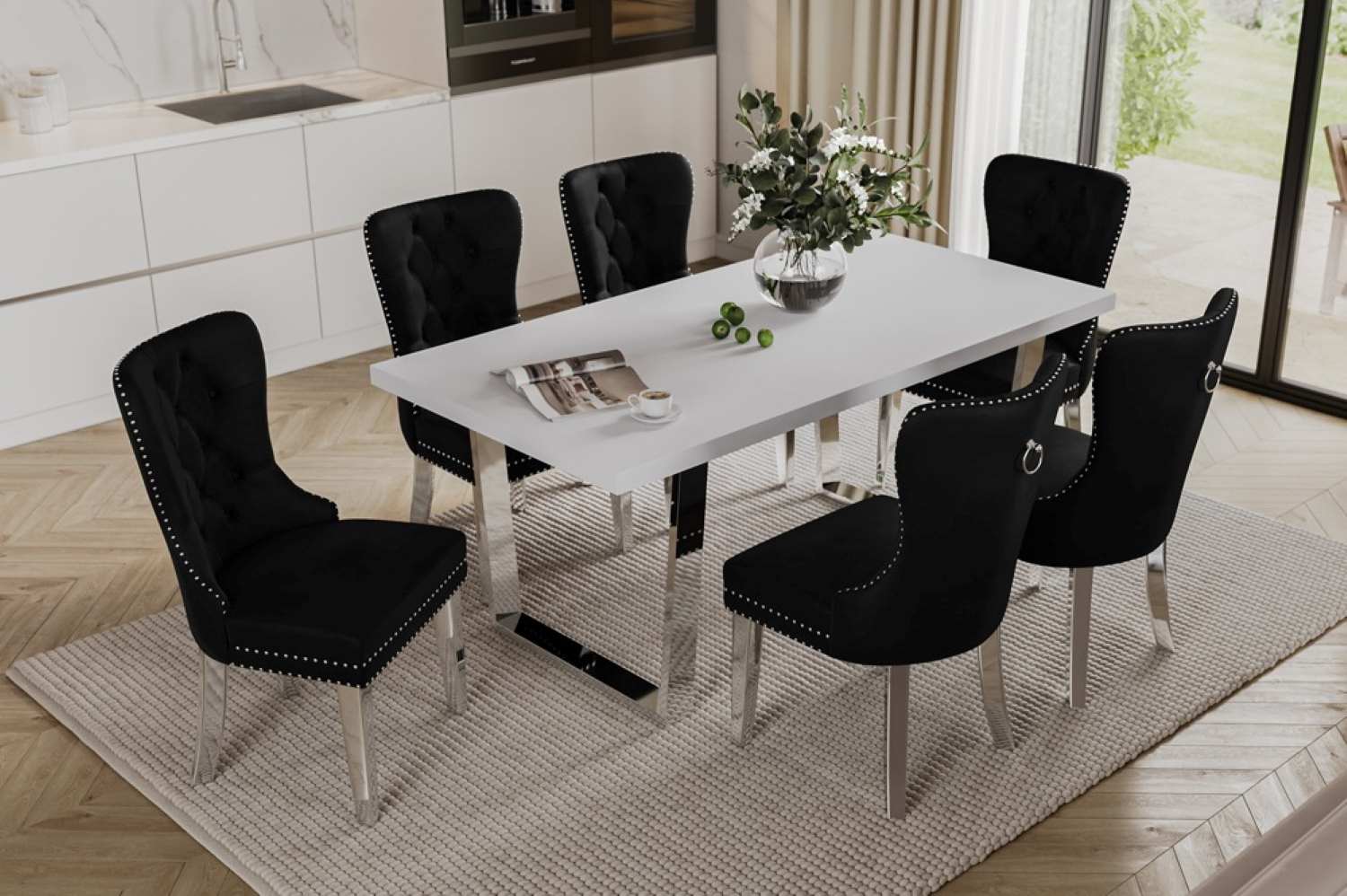 High Gloss White Veneer Dining Table with Black Velvet Chairs 3360 / 247