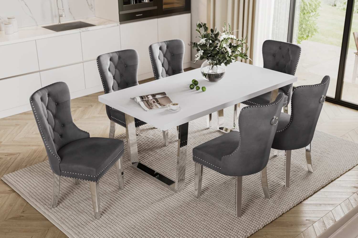 High Gloss White Veneer Dining Table with Grey Velvet Chairs 3360 / 247