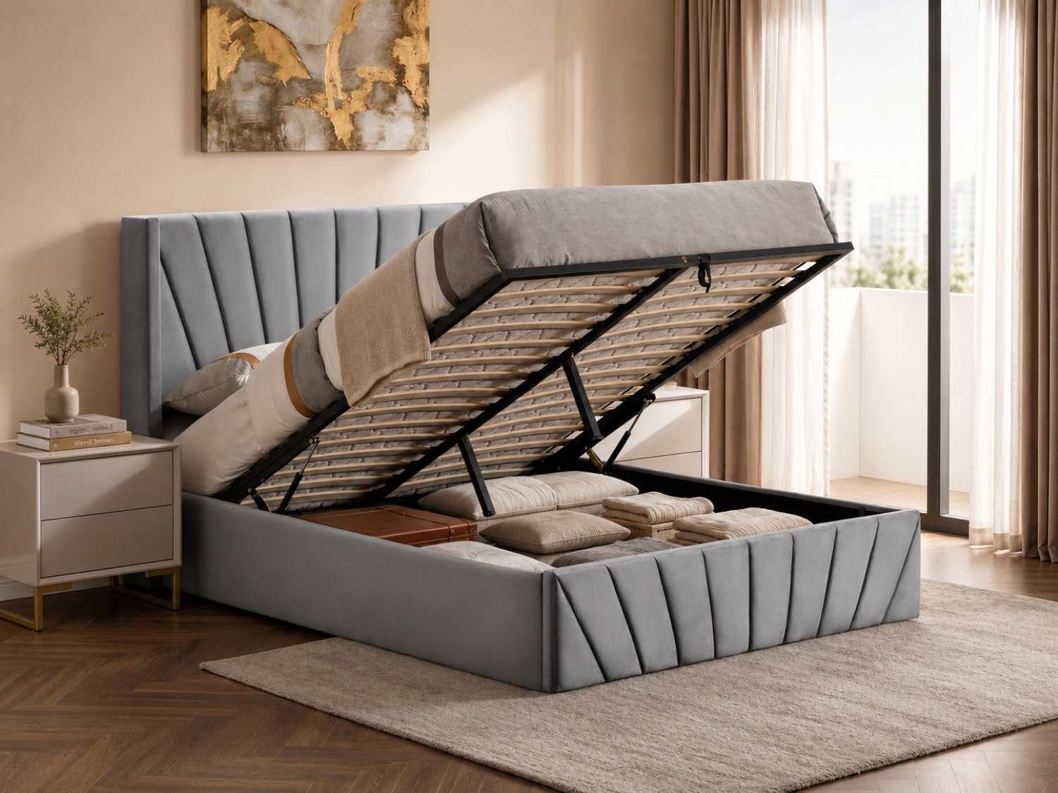 Hydraulic Lift Storage Bed with Fan-Tufted Headboard and Footboard Grey 5870