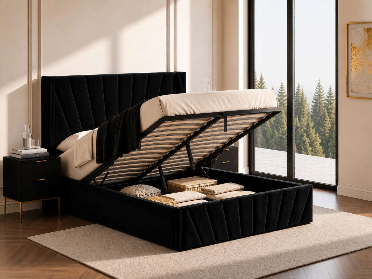 Hydraulic Lift Storage Bed with Fan-Tufted Headboard and Footboard Black 5873