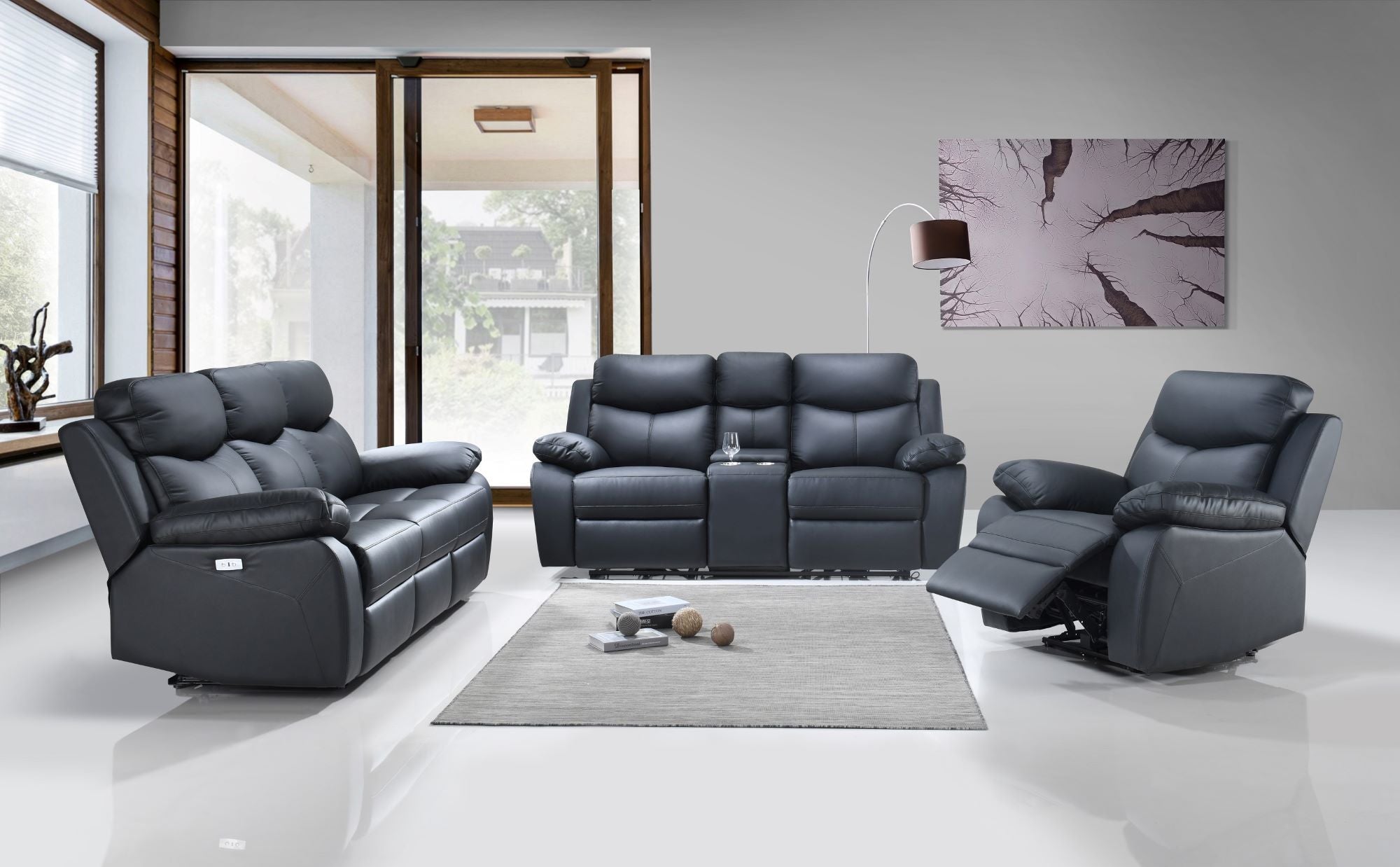 Black Genuine Leather Power Recliner Sofa Set IF-8120