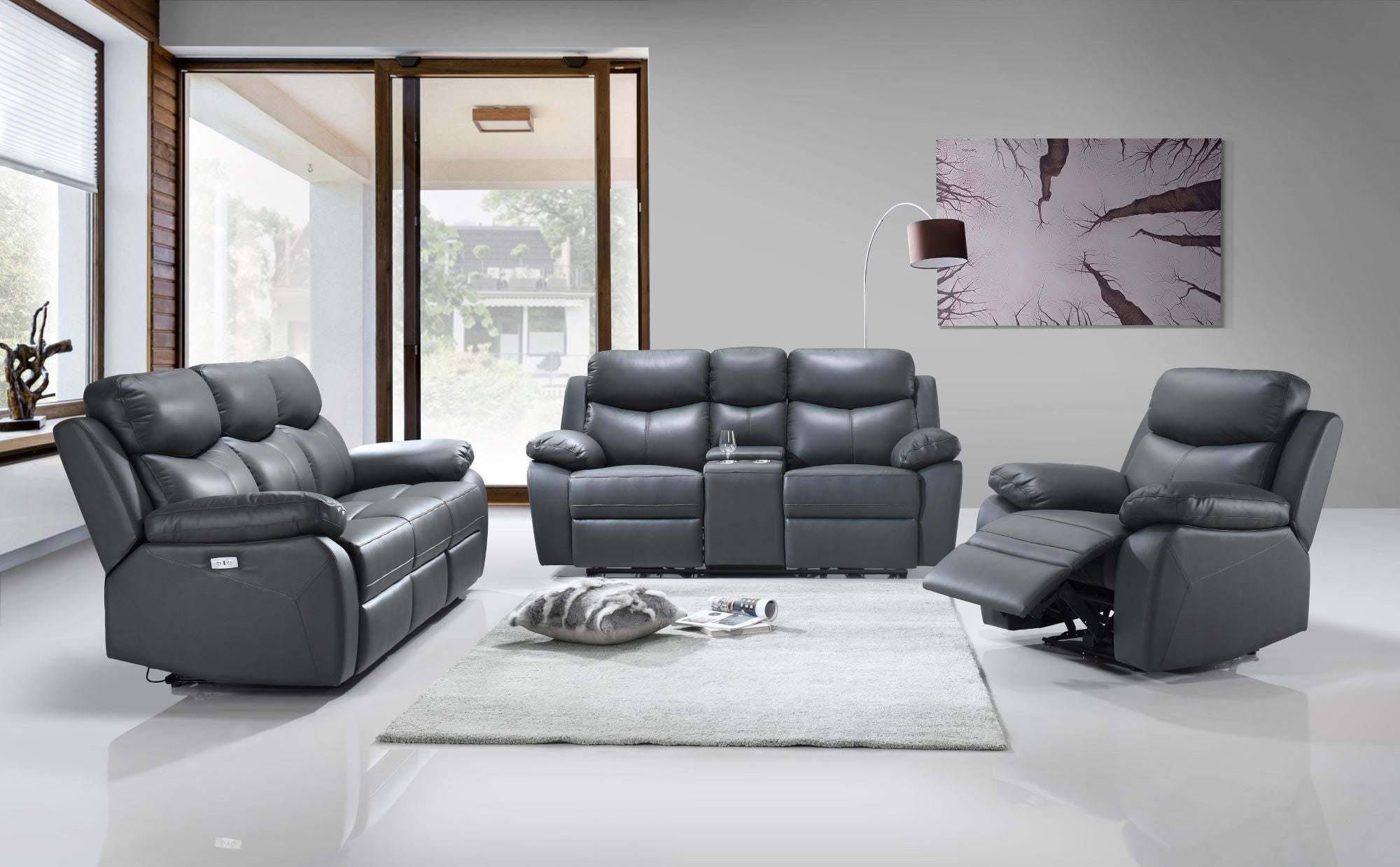 Grey Genuine Leather Power Recliner Set IF-8121