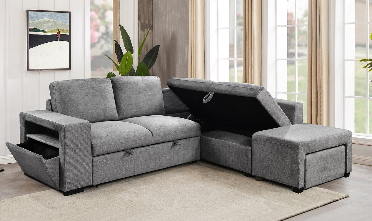 Grey Fabric Sectional Sofa Bed with RHF Chaise 9035
