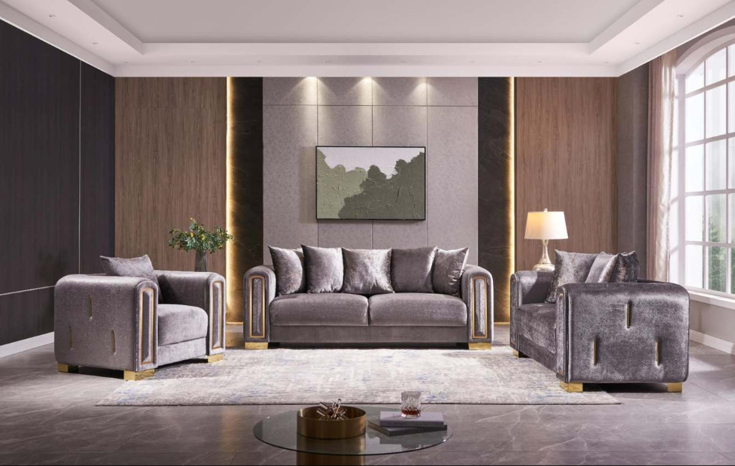 Impreza Grey Velvet Sofa Set with Gold Accents 1525