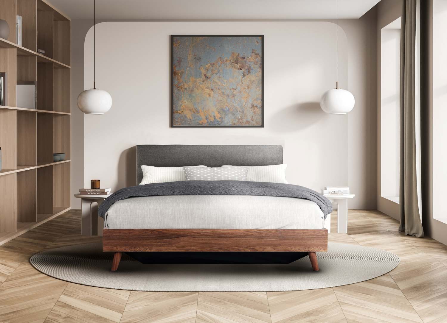 Izzy Walnut & Grey Upholstered Platform Bed with Lift Storage 5898