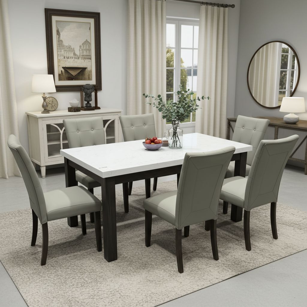 Jason Real Marble Dining Table With 6 Faux Leather Chairs