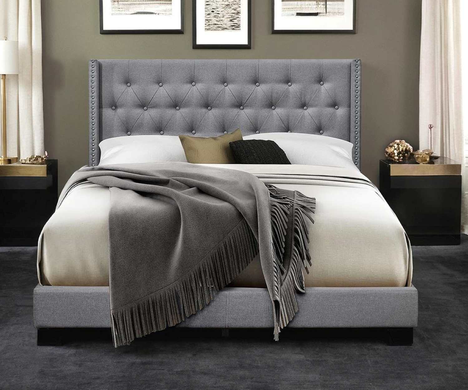 Jomar Linen Fabric Bed with Button Tufted Headboard 8087