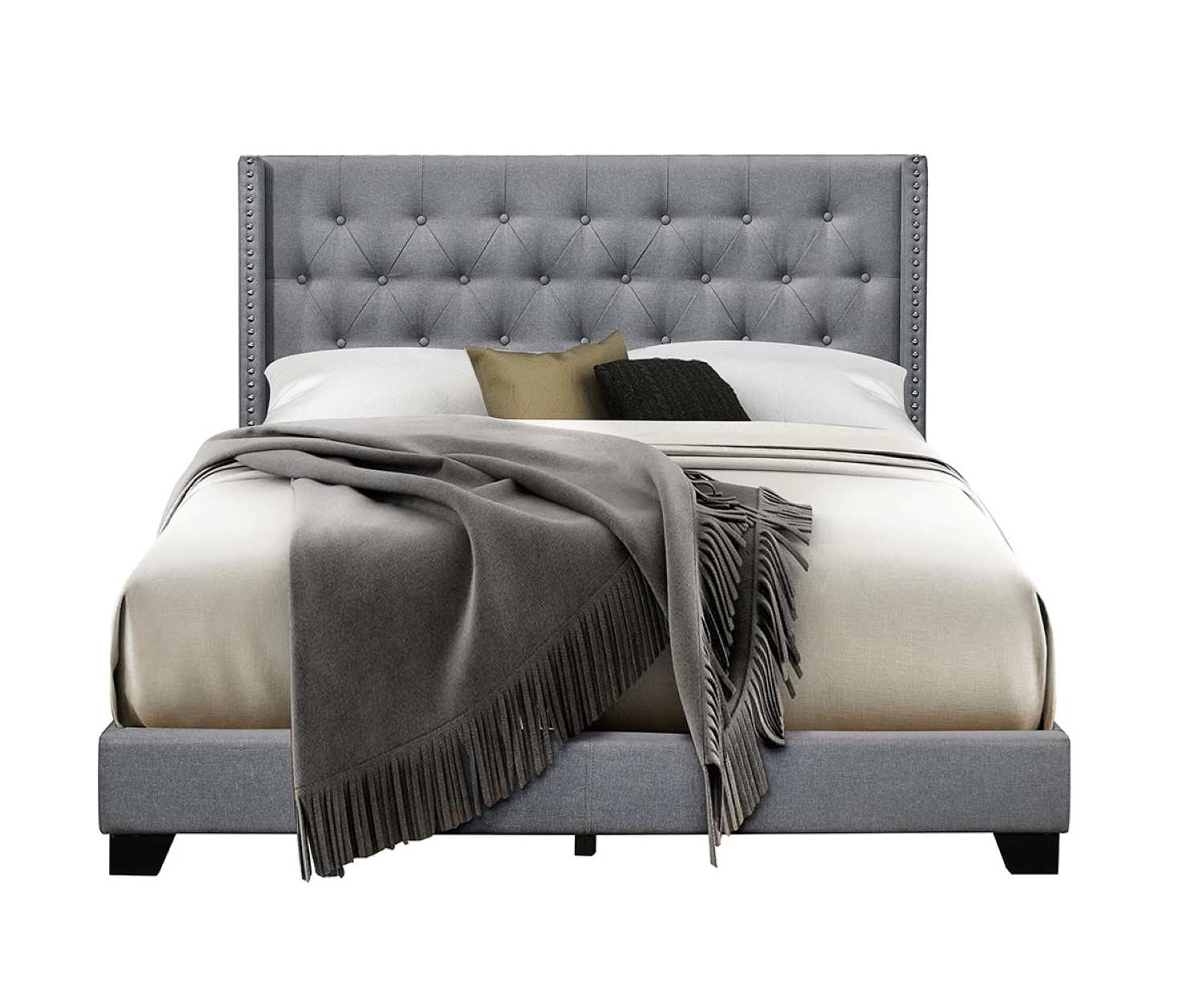 Jomar Linen Fabric Bed with Button Tufted Headboard 8087