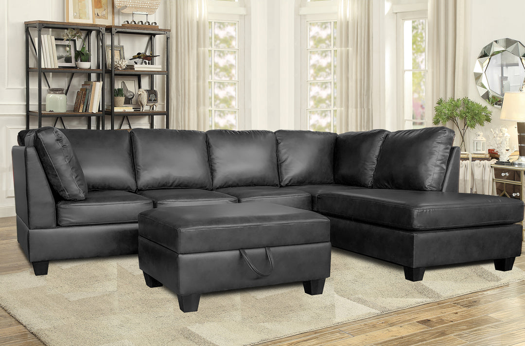 Julia Reversible Sectional Sofa with Ottoman in Black Leather Air