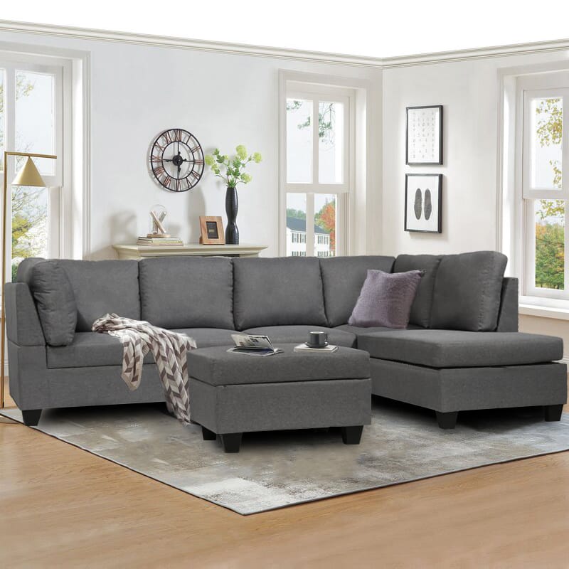 Julia Reversible Sectional Sofa with Ottoman in Grey Fabric