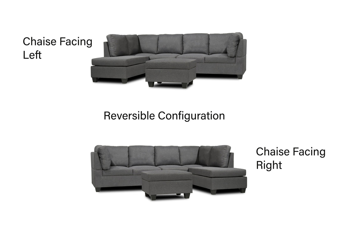 Julia Reversible Sectional Sofa with Ottoman in Grey Fabric