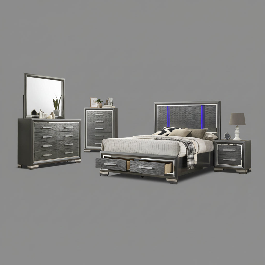 Juliette LED Bedroom Set With Storage Footboard Gray 1461