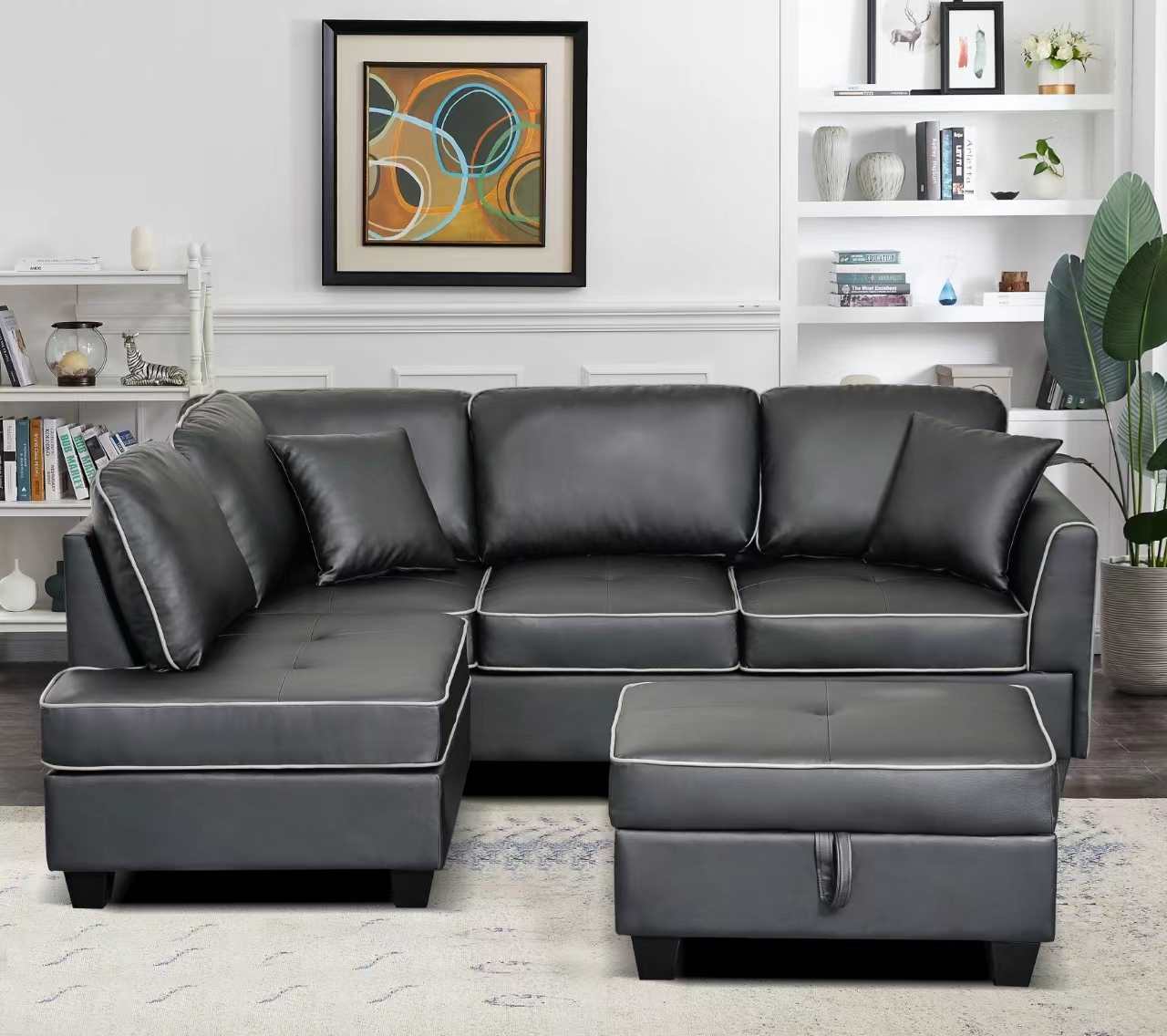 Jupiter Black PU Reversible Sectional Sofa With A Storage Ottoman