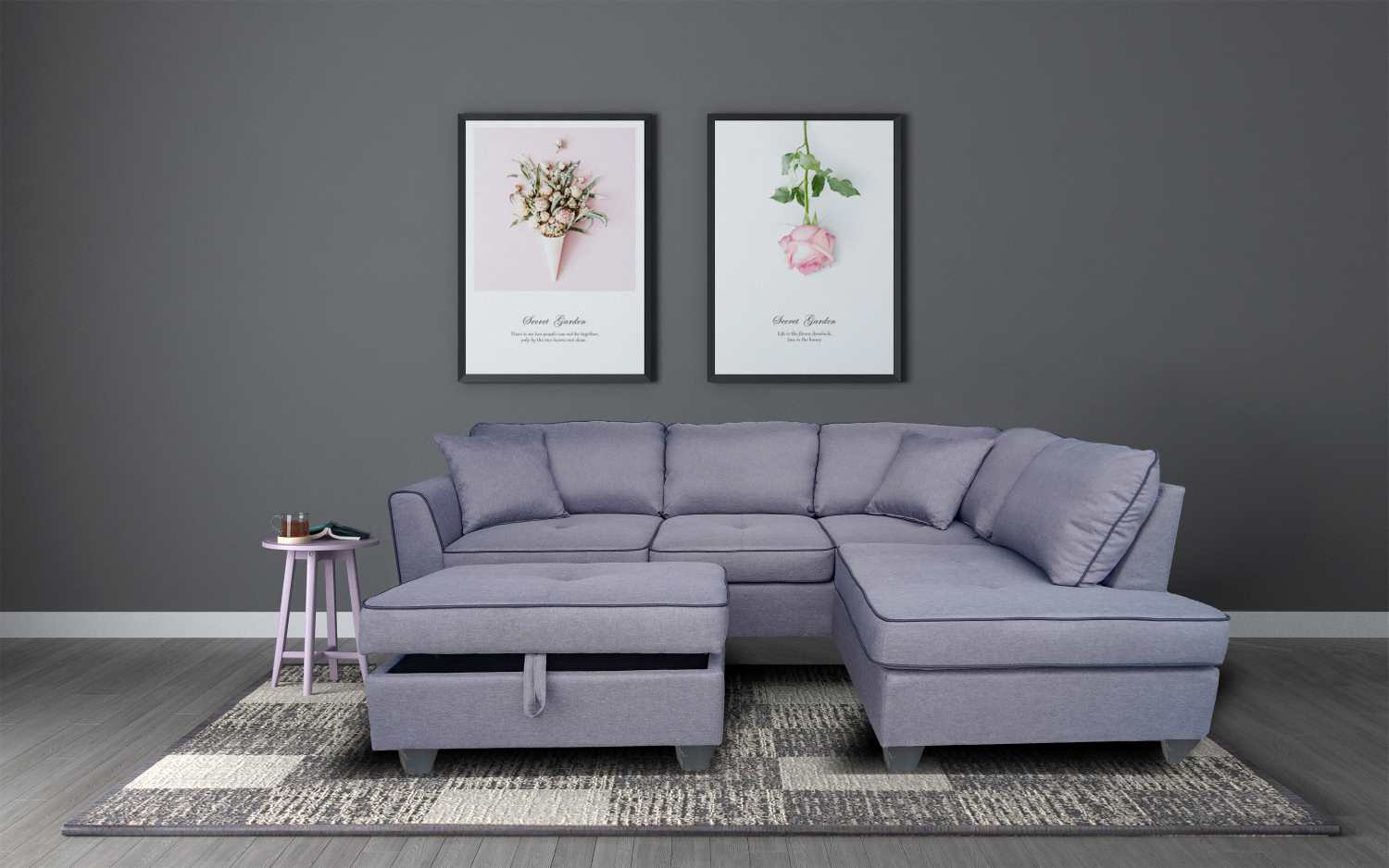Jupiter Grey Fabric Reversible Sectional Sofa With A Storage Ottoman