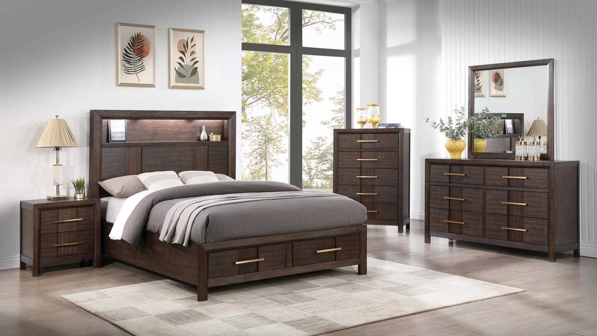 Kenzo Dark Walnut Bed With LED Bookcase Headboard and Bluetooth Speakers 1441