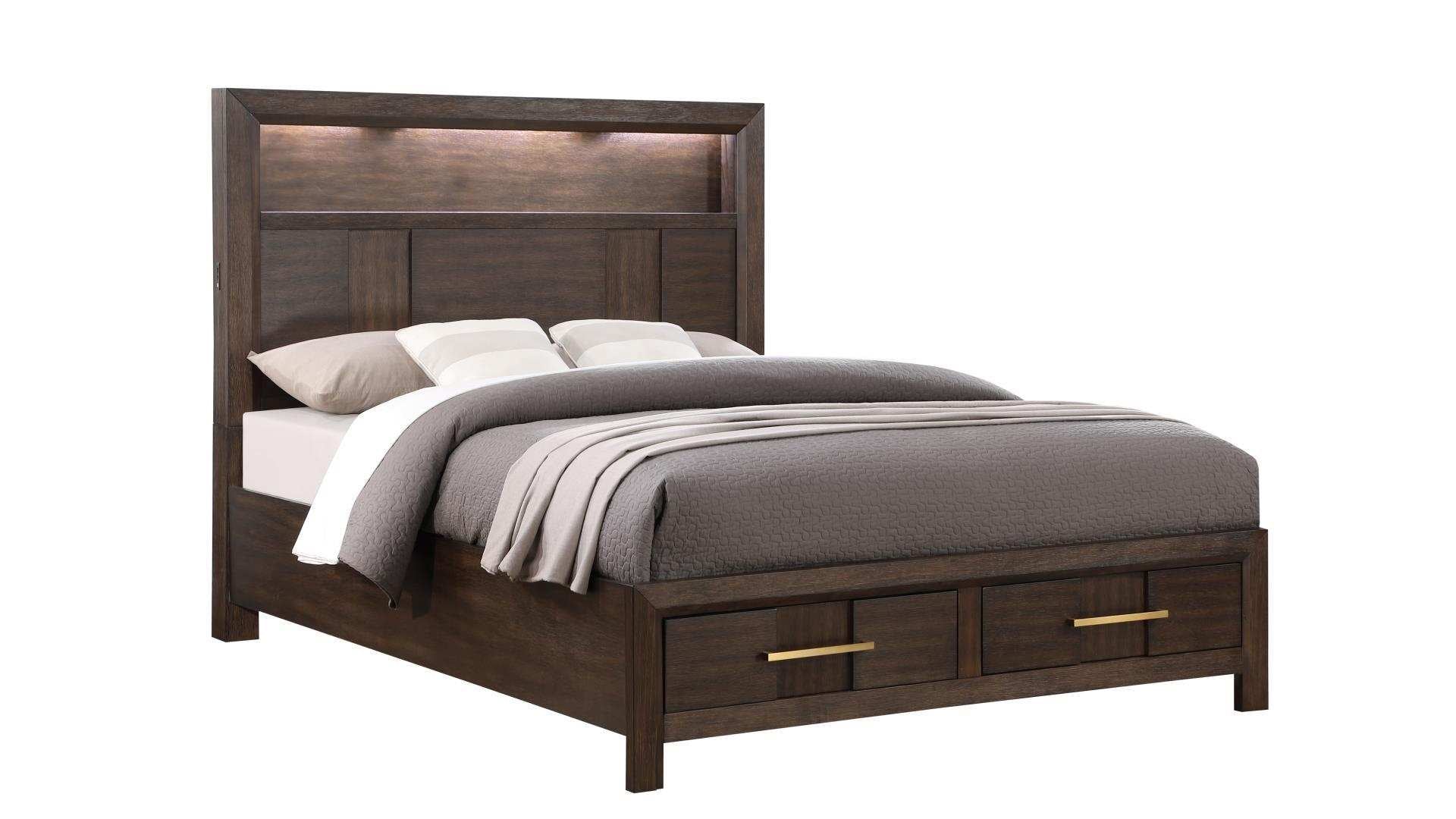 Kenzo Dark Walnut Bed With LED Bookcase Headboard and Bluetooth Speakers 1441
