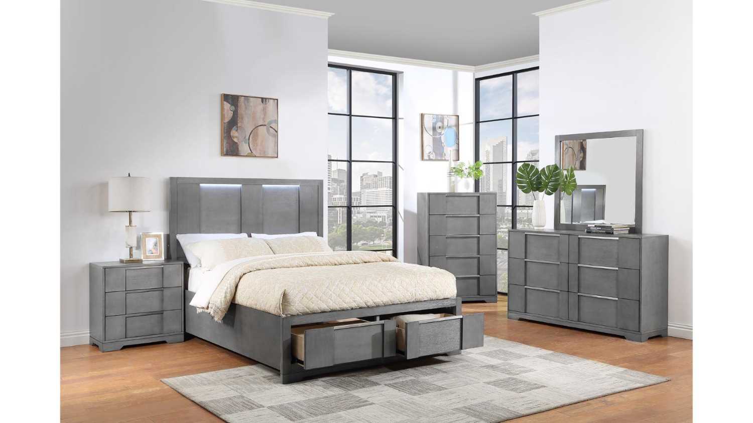 Kylie Bed With LED Headboard And Storage Footboard Gray 1541