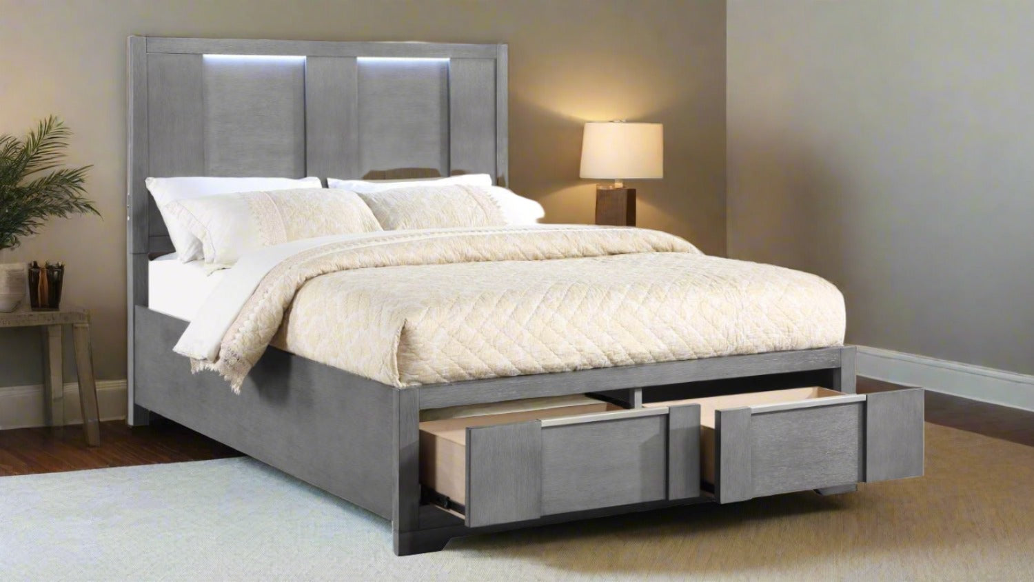 Kylie Bed With LED Headboard And Storage Footboard Gray 1541