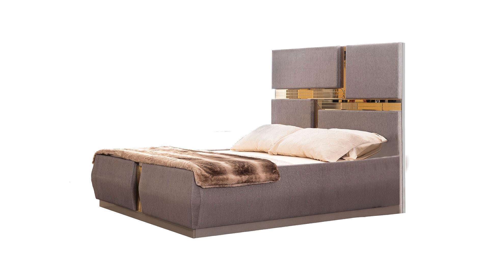 Lorenzo Grey & Gold Platform Bed With Fabric Headboard 1341