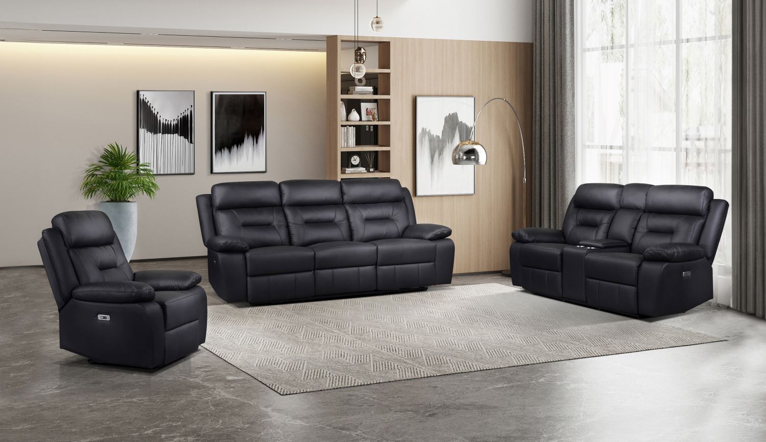 Laconia Genuine Top Grain Leather Power Recliner Sofa Sets Black 9629