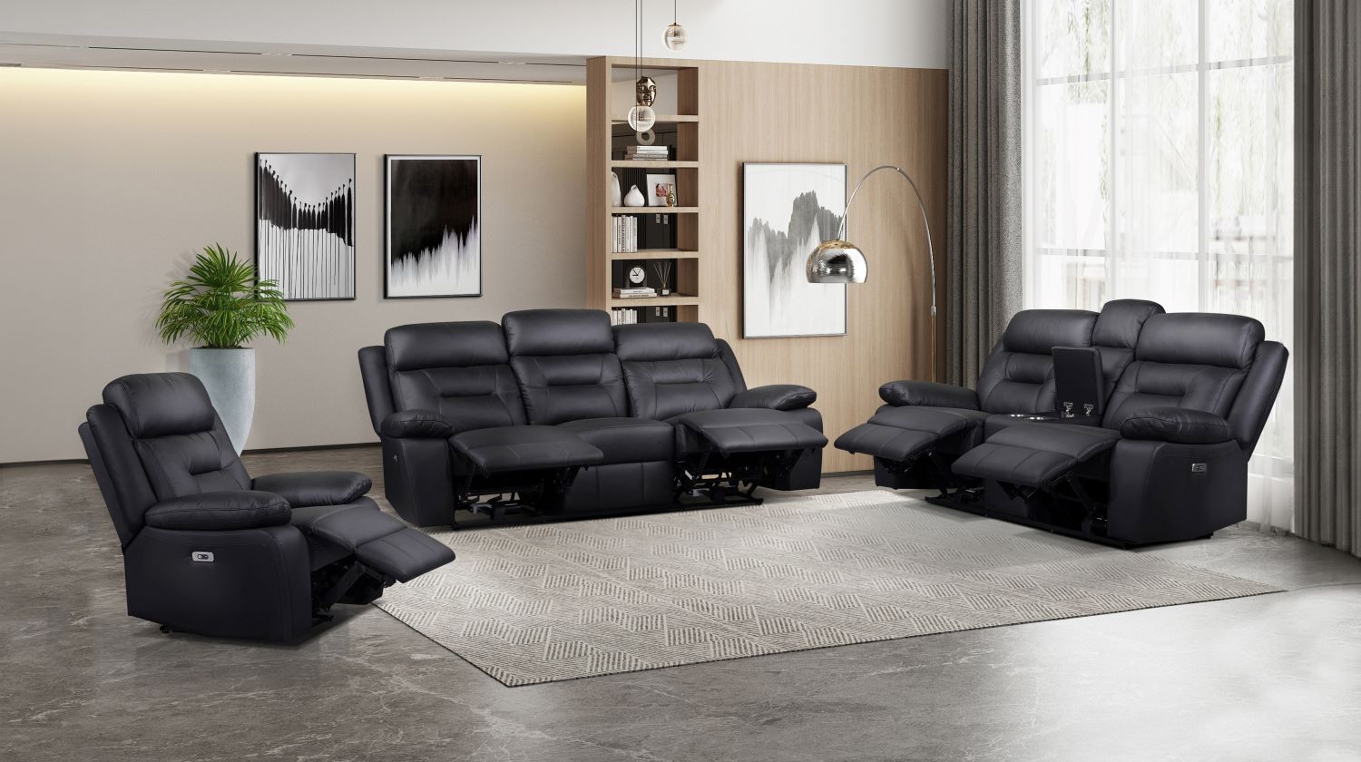 Laconia Genuine Top Grain Leather Power Recliner Sofa Sets Black 9629