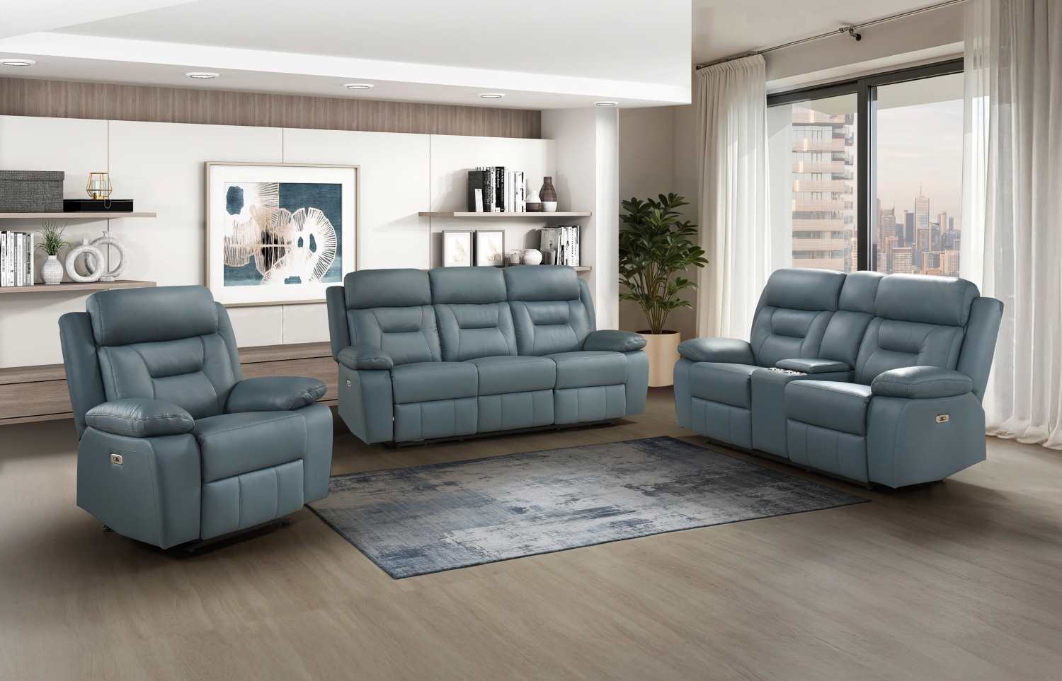 Laconia Genuine Top Grain Leather Power Recliner Sofa Sets Blue-Grey 9629