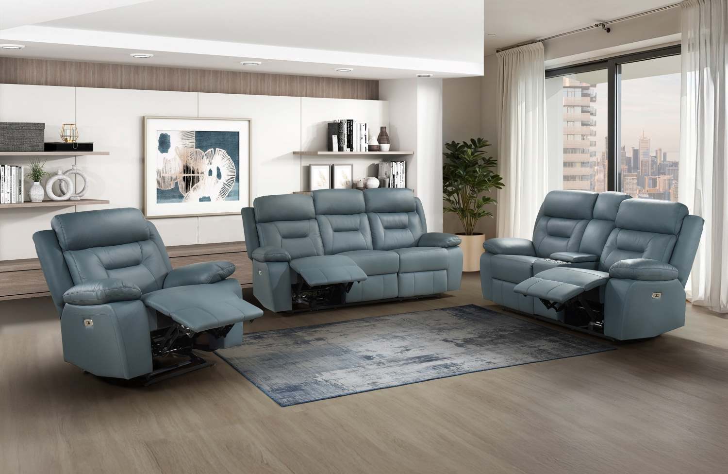 Laconia Genuine Top Grain Leather Power Recliner Sofa Sets Blue-Grey 9629