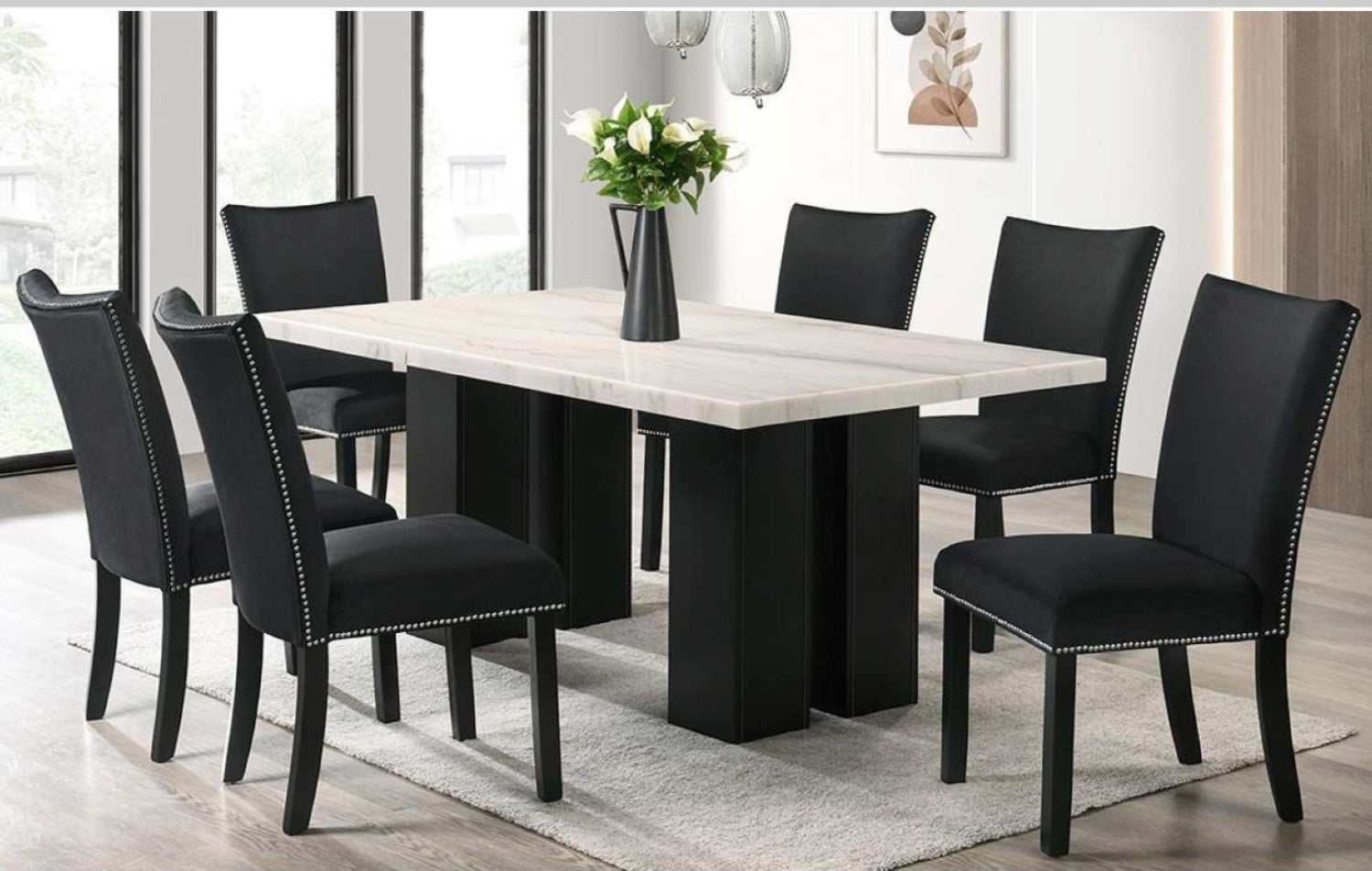 Lantana 7pc White Real Marble Dining Set with Black Chairs T7040 DTS BK