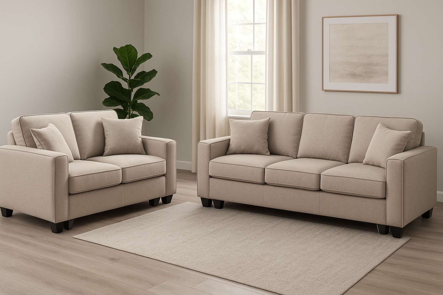 Leah Linen Fabric Sofa & Loveseat with 4 Accent Pillows