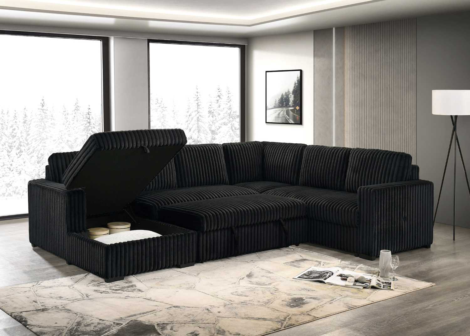 Left Hand Facing Black Sectional Sofa Bed With Large Lift-Up Storage 9095