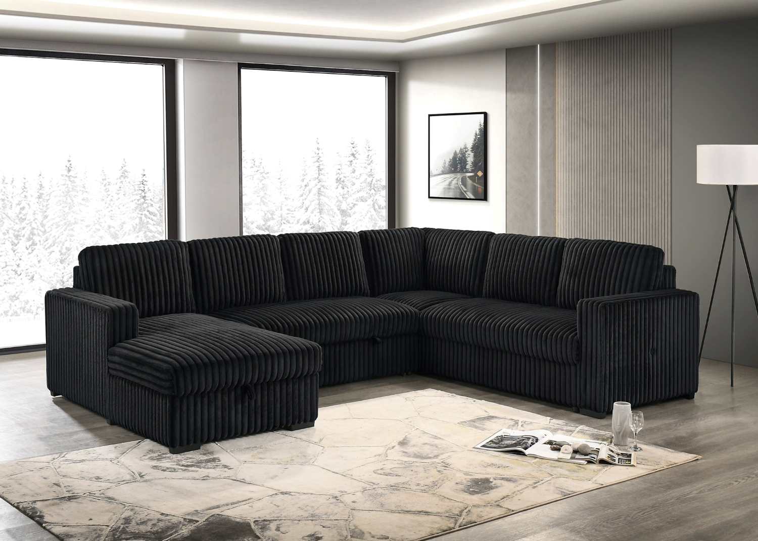 Left Hand Facing Black Sectional Sofa Bed With Large Lift-Up Storage 9095