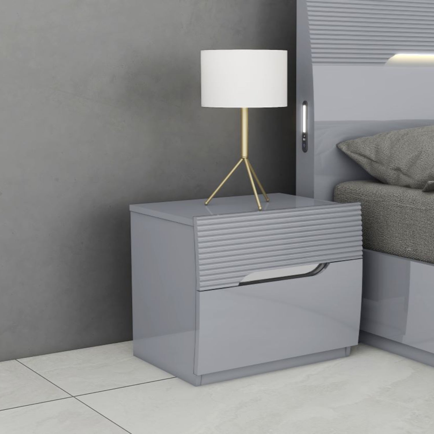 Lessie Hydraulic Lift High Gloss Lacquer Bedroom Set Grey SB286