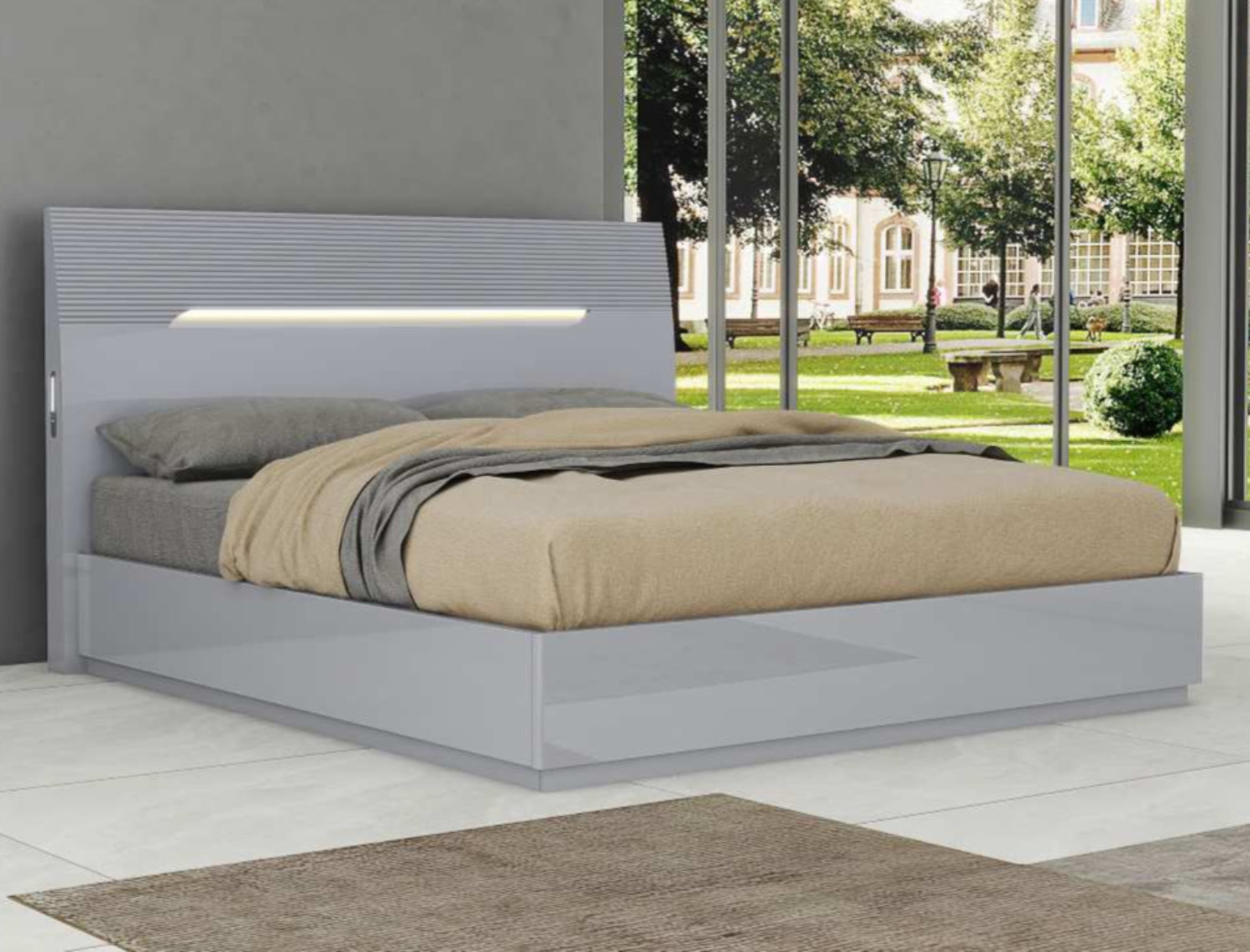 Lessie Hydraulic Lift High Gloss Lacquer Bedroom Set Grey SB286