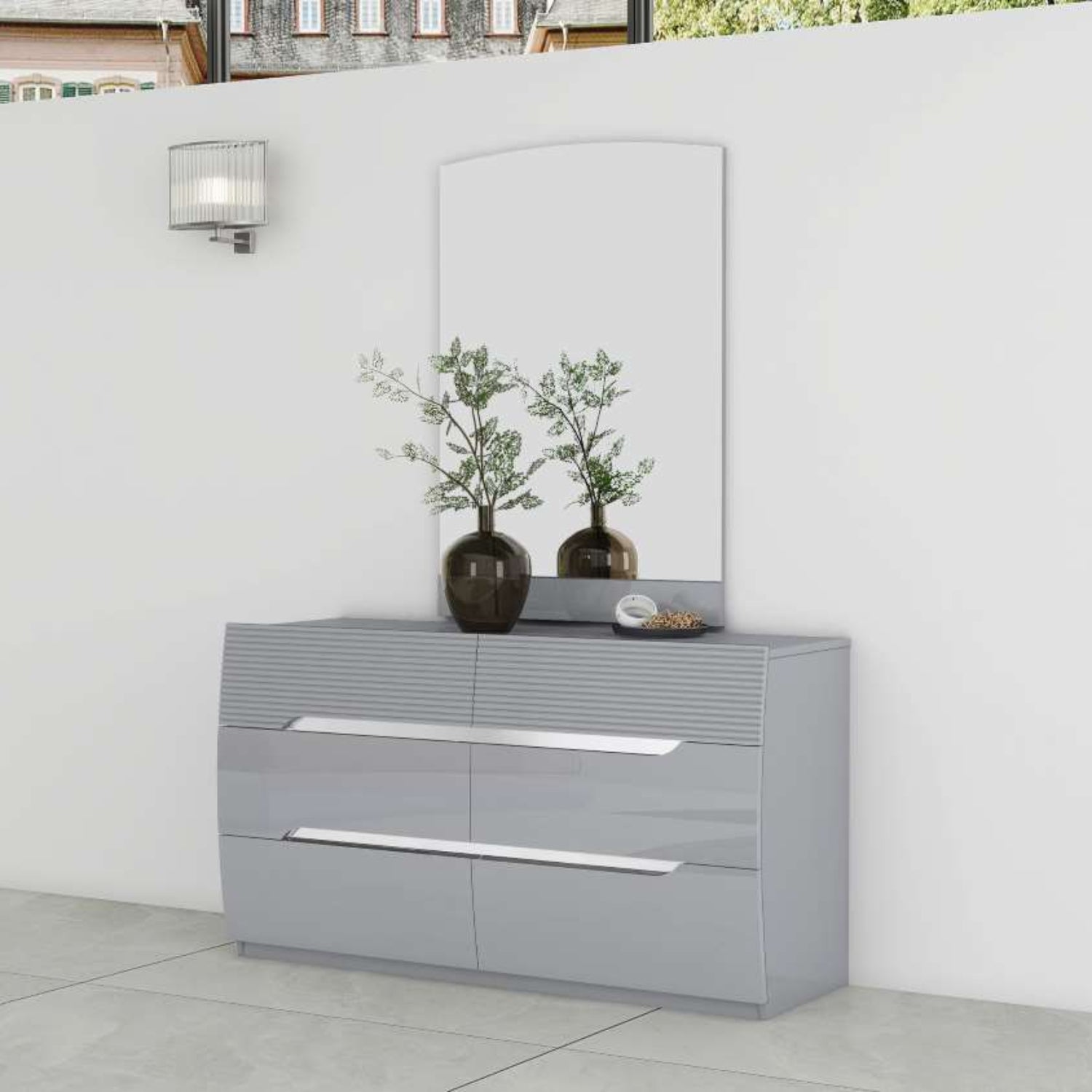 Lessie Hydraulic Lift High Gloss Lacquer Bedroom Set Grey SB286