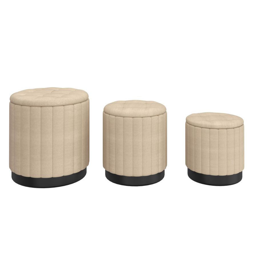 Lexi 3pc Round Storage Ottoman Set in Beige and Black 402-173