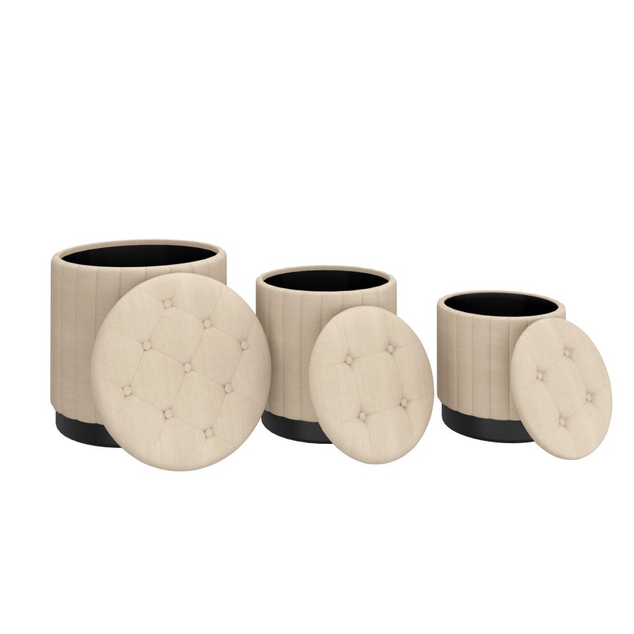 Lexi 3pc Round Storage Ottoman Set in Beige and Black 402-173