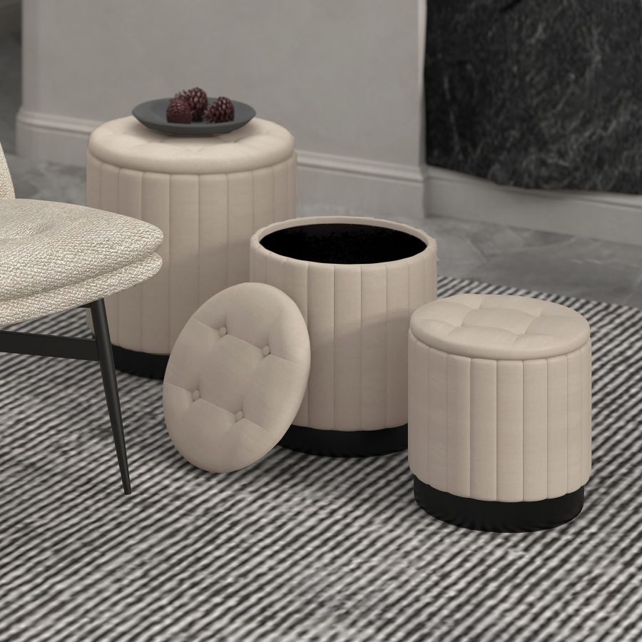 Lexi 3pc Round Storage Ottoman Set in Beige and Black 402-173